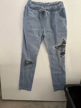 Light Blue Jogger Pants with Camo Star Patches